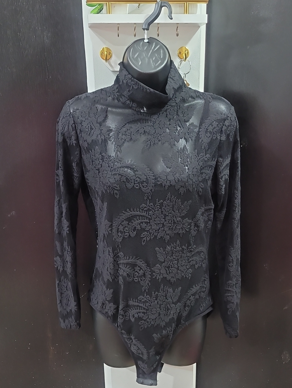 Shape FX Black Floral Lace Long-Sleeve Turtleneck Bodysuit